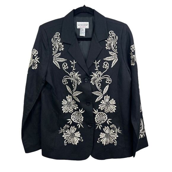 Victor Costa Occasion Blazer Jacket Embroidered Linen Blend Black Women Size‎ S - Picture 1 of 5